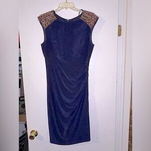 Size 12 - Xscape navy dress With gold embellishments on shoulders